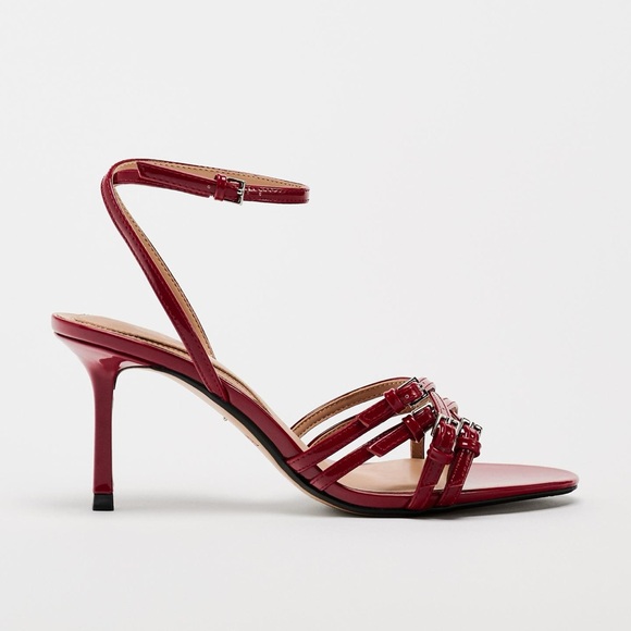 ZARA RED FAUX LEATHER HIGH HEELED STRAP SANDALS - Picture 2 of 15